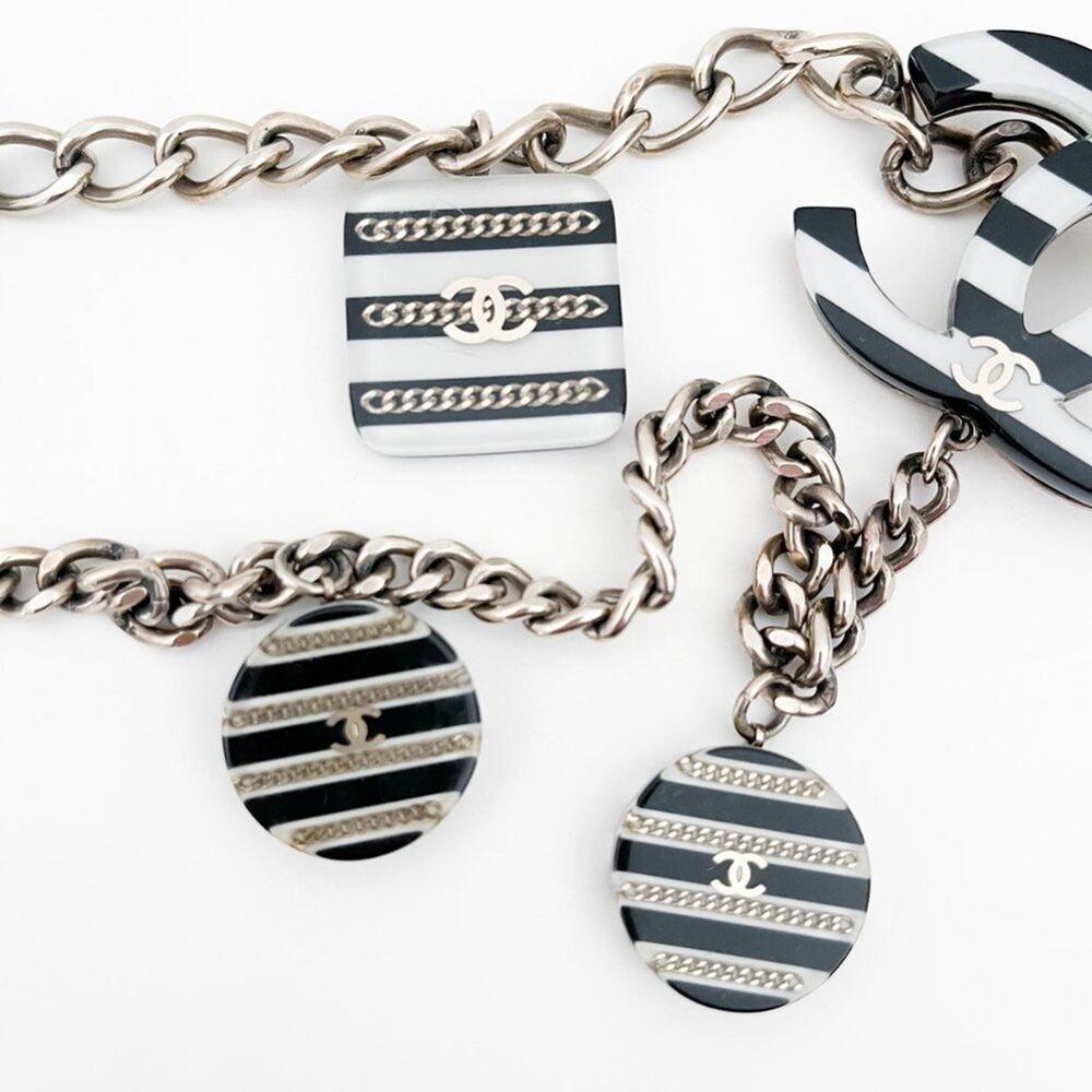 CHANEL 2005 CC Chain Belt Necklace Black and White Stripe Resin Charms Logo - Picture 9 of 16